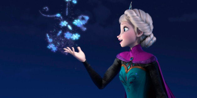 This image released by Disney shows Elsa the Snow Queen, voiced by Idina Menzel, in a scene from the animated feature "Frozen." Disney Theatrical Productions said Friday that the husband-and-wife team of Robert Lopez and Kristen Anderson-Lopez will be working on the stage version of "Frozen" and Jennifer Lee, co-director and screenwriter of the film, is writing the book. (AP Photo/Disney, File)