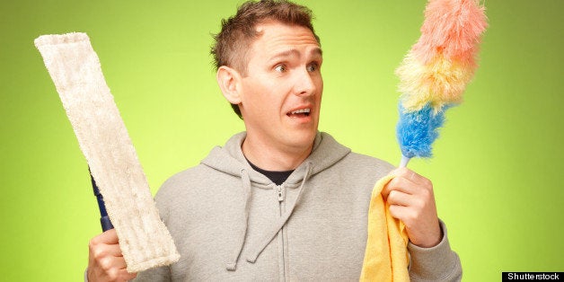 Man unhappy, confused and unsure being not prepared to clean a house