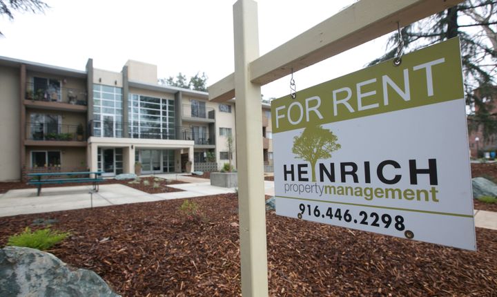 A "for rent" sign outside an apartment building in Sacramento, California. There is often a deep power imbalance between landlords and tenants. A number of ratings sites aim to change that.
