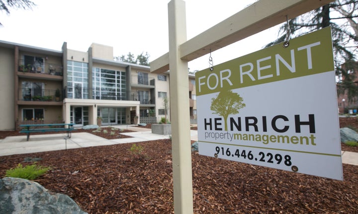 A "for rent" sign outside an apartment building in Sacramento, California. There is often a deep power imbalance between landlords and tenants. A number of ratings sites aim to change that.