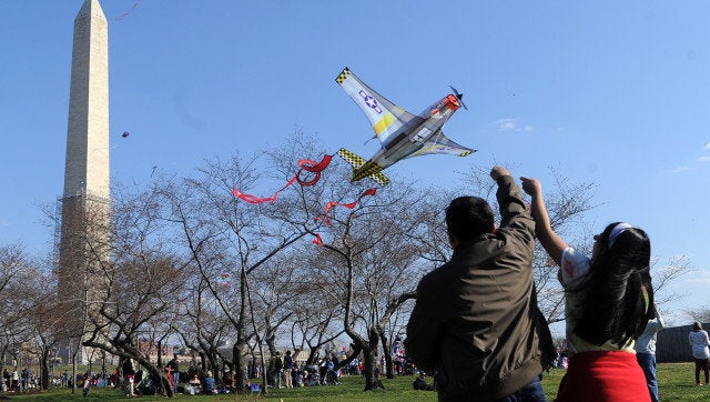 People fly kites near the Washington Monument on March 30, 2013 during the annual Blossom Kite Festival in Washington, DC. The National Cherry Blossom Festival, when thousands of cherry trees given by Japan as a present a century ago start blooming, is the city's top tourist attraction. AFP PHOTO/Jewel Samad (Photo credit should read JEWEL SAMAD/AFP/Getty Images)