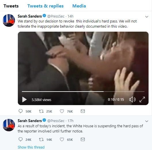 White House press secretary Sarah Huckabee Sanders sent out this manipulated video on her official White House Twitter account late Wednesday night.