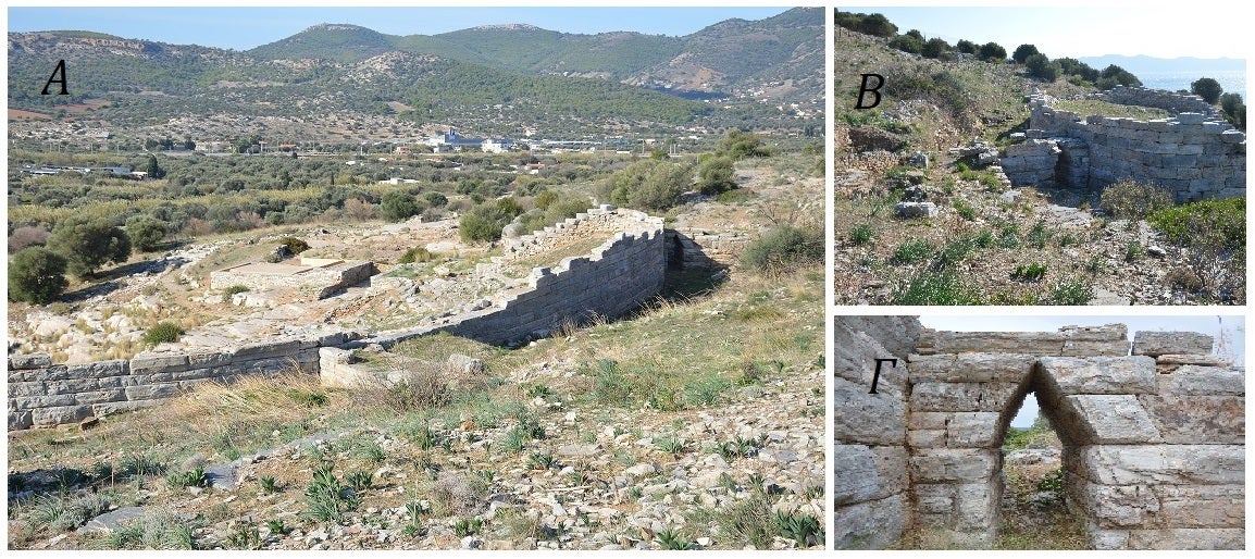 Φωτ.2. A. Βόρεια Ανατολική άνω άποψη του θεάτρου Β, Γ. Λεπτομέρεια της Βόρειας δυτικής τοξωτής πρόσβασης από την άνω πλευρά του θεάτρου