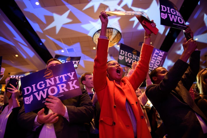 Supporters of Sen. Sherrod Brown celebrate his victory on Nov. 6, 2018, in Columbus.