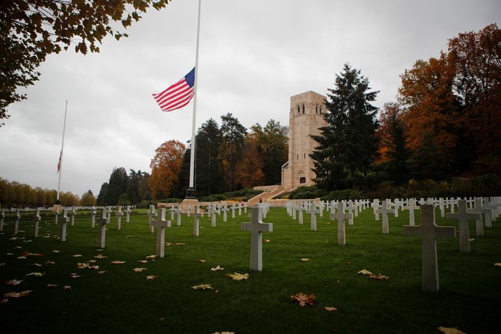 The US flag flutters at half mast prior to a ceremony at the Aisne-Marne American cemetery and memorial in Belleau, eastern France.