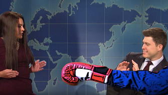 Colin Jost's fake intern punch in Acosta spoof on "Weekend Update."