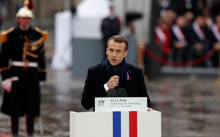 French President Emmanuel Macron delivers his speech during ceremonies at the Arc de Triomphe Sunday, Nov. 11, 2018 in Paris. (AP Photo/Francois Mori, Pool)