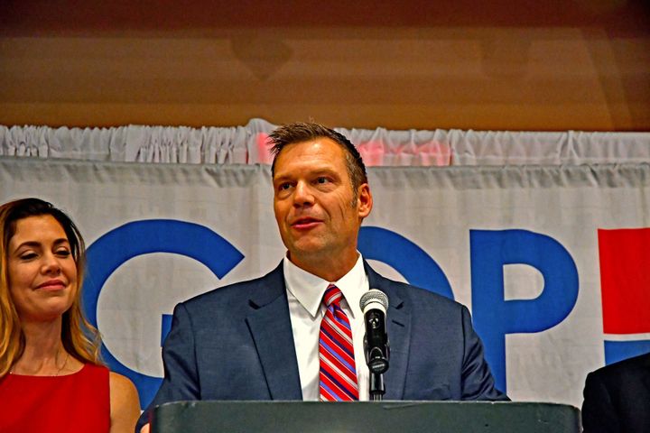 Kansas GOP gubernatorial candidate Kris Kobach delivers his concession speech on Nov. 6. The winner, Democrat Laura Kelly, has vowed to reinstate protections for gay, lesbian, bisexual and transgender government employees in the state.