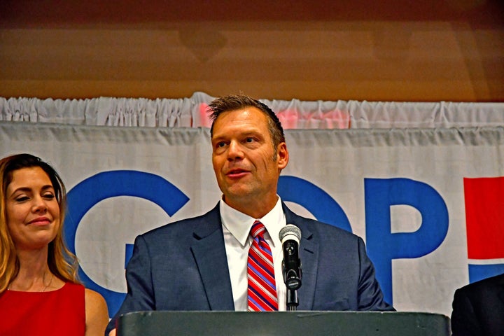 Kansas GOP gubernatorial candidate Kris Kobach delivers his concession speech on Nov. 6. The winner, Democrat Laura Kelly, has vowed to reinstate protections for gay, lesbian, bisexual and transgender government employees in the state.