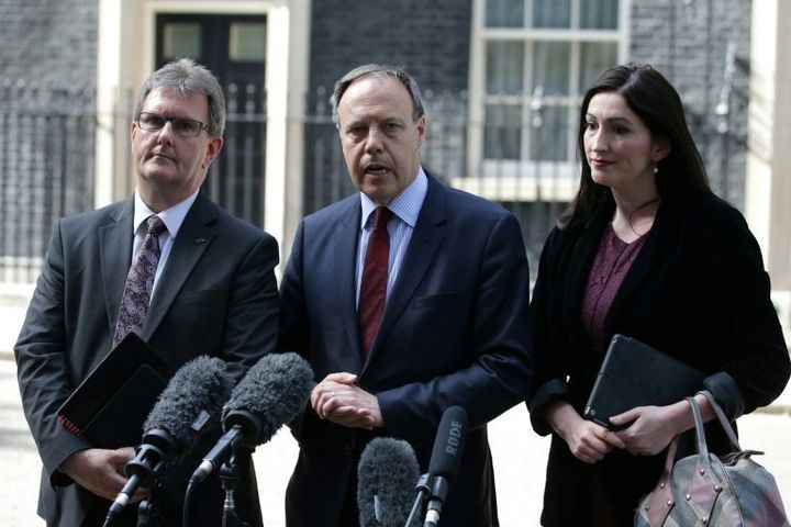 The DUP's Jeffrey Donaldson (left) with fellow MPs Nigel Dodds and Emma Little Pengelly