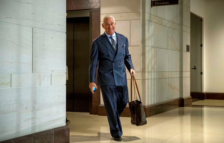 FILE - In this Sept. 26, 2017, file photo, longtime Donald Trump associate Roger Stone arrives to testify before the House Intelligence Committee, on Capitol Hill in Washington. An associate of Stone said Monday, Nov. 12, 2018, that he expects to face charges in the special counsel’s Russia investigation. Conservative conspiracy theorist Jerome Corsi said on his YouTube show that negotiations fell apart with special counsel Robert Mueller’s team and he expects in the coming days to be charged with making false statements. (AP Photo/Andrew Harnik, File)