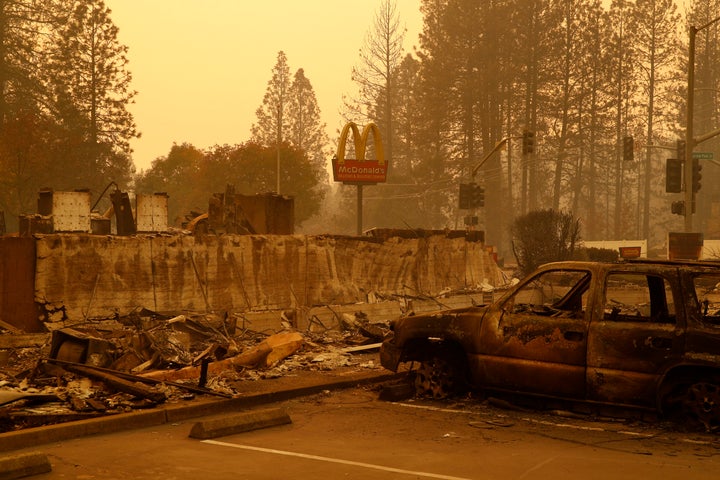 A sign still stands at a McDonald's restaurant Monday after it was burned in the Camp fire in the Northern California town of Paradise.