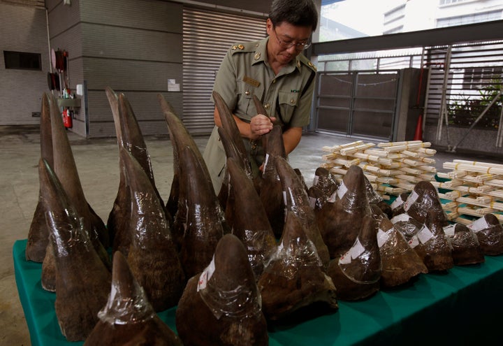 Rhino horns, ivory chopsticks and bracelets seized by the Hong Kong Customs and Excise Department in November 2011.