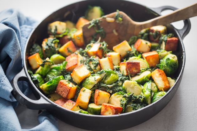 Paneer with brussel sprouts and spinach.