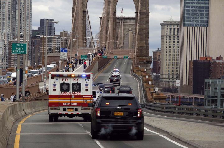 El Chapo's motorcade makes its way across an empty Brooklyn Bridge for a previous hearing 
