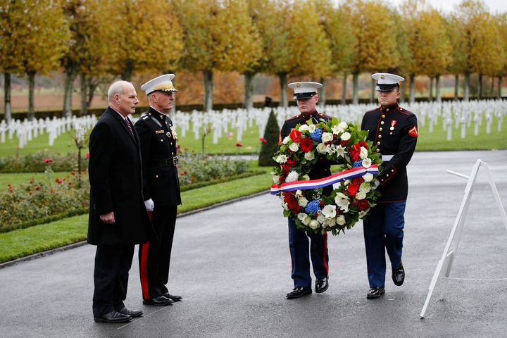 White House chief of staff John Kelly (left) and Chairman of the Joint Chiefs of Staff Marine Gen. Joseph Dunford attend a ceremony at the Aisne-Marne American Cemetery near the Belleau Wood battleground, in Belleau, France, on Saturday.