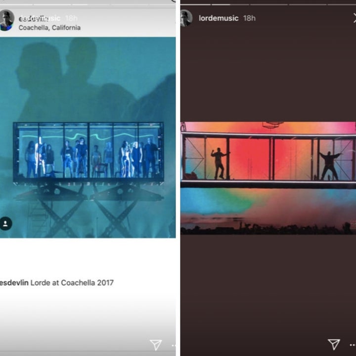 A floating glass box seen at one of Lorde's performances (L) and at Kanye West and Kid Cudi's recent performance (R). 