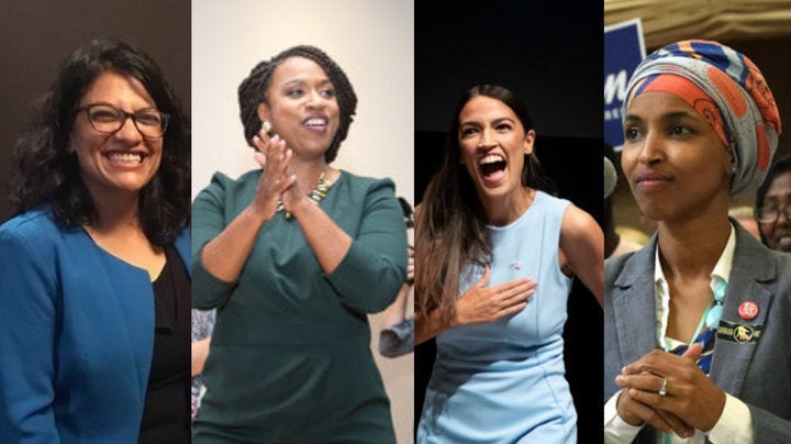 Democratic Reps.-elect Rashida Tlaib, Ayanna Pressley, Alexandria Ocasio-Cortez and Ilhan Omar (left to right) will make up most of the Green New Deal caucus in the next Congress.