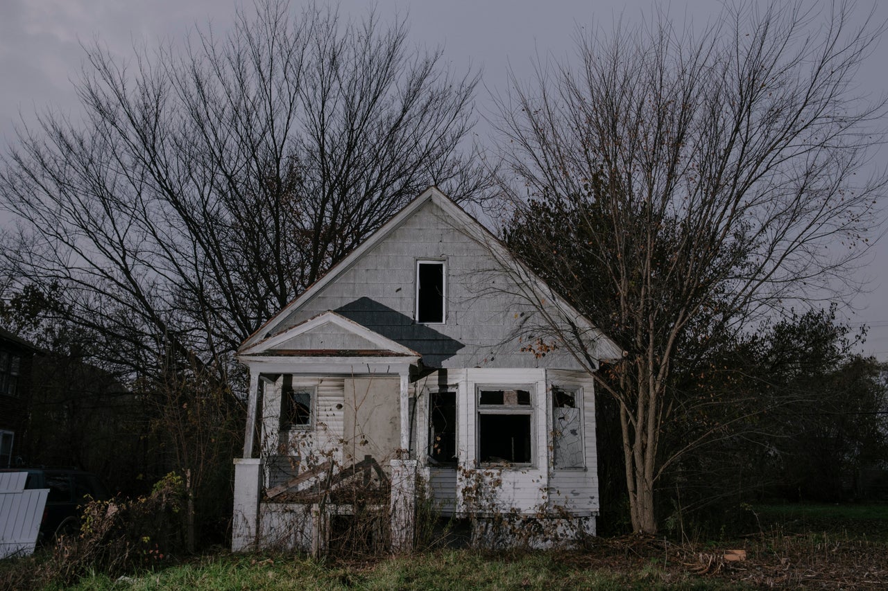 Houses owned by the Detroit Land Bank remain not boarded up along the same street as Covington and the Georgia Street Community Collective.