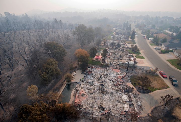 Homes destroyed by a wildfire in the Mary Lake Subdivision of Redding, California, seen on Aug. 10, 2018.