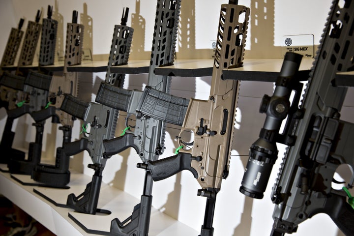 A rack of Sig Sauer rifles at the company's booth during the National Rifle Association annual meeting in Dallas, May 5.