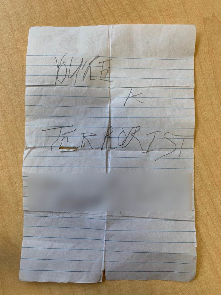 A fifth-grader at Hemenway Elementary School reportedly found this note stuffed in her cubby on Friday. HuffPost has blurred out the student's name.
