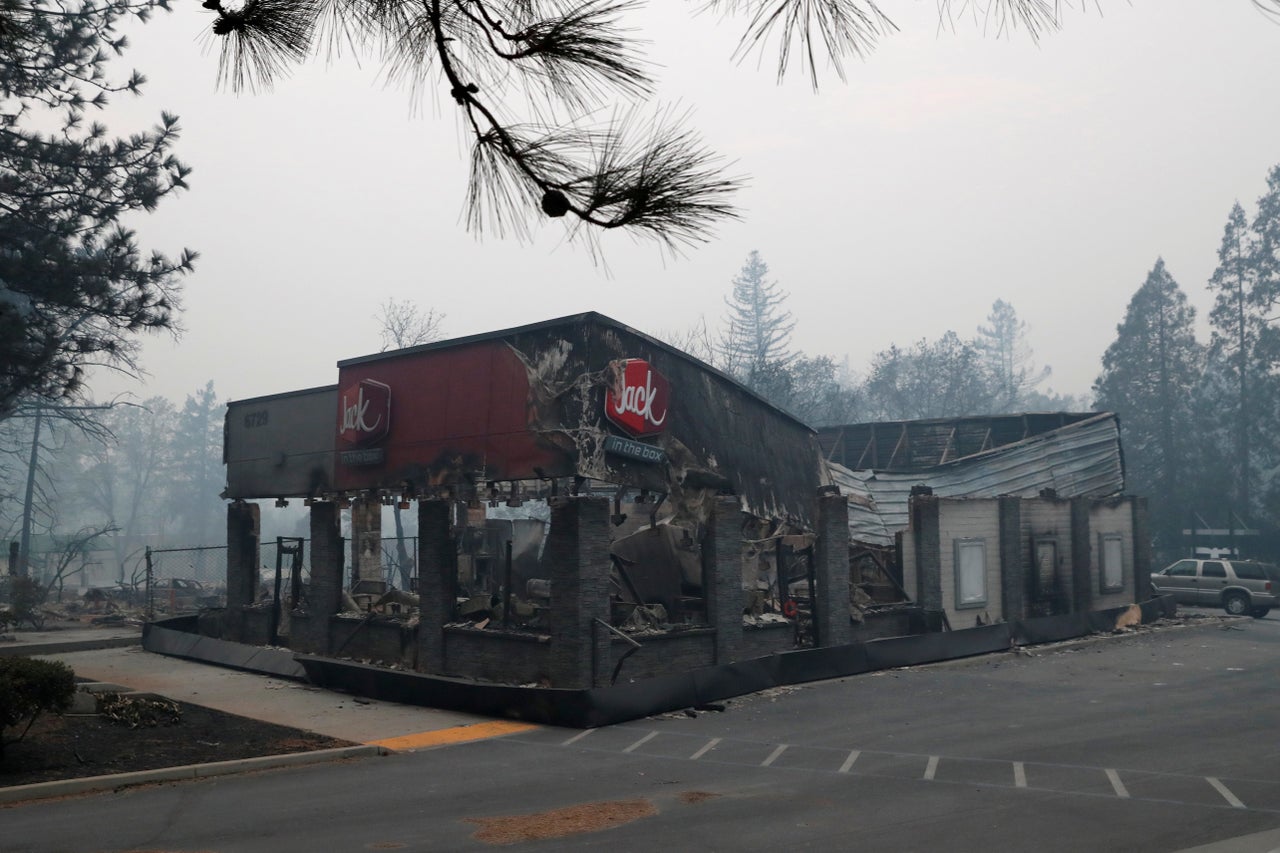 A Jack In The Box restaurant damaged by the Camp Fire in Paradise.