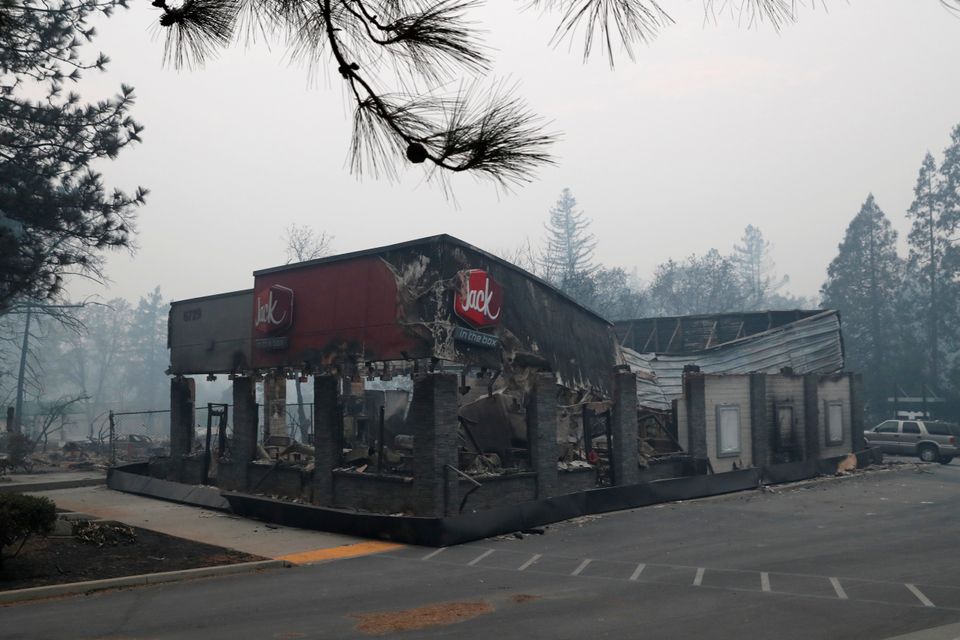 A Jack In The Box restaurant damaged by the Camp Fire in Paradise.