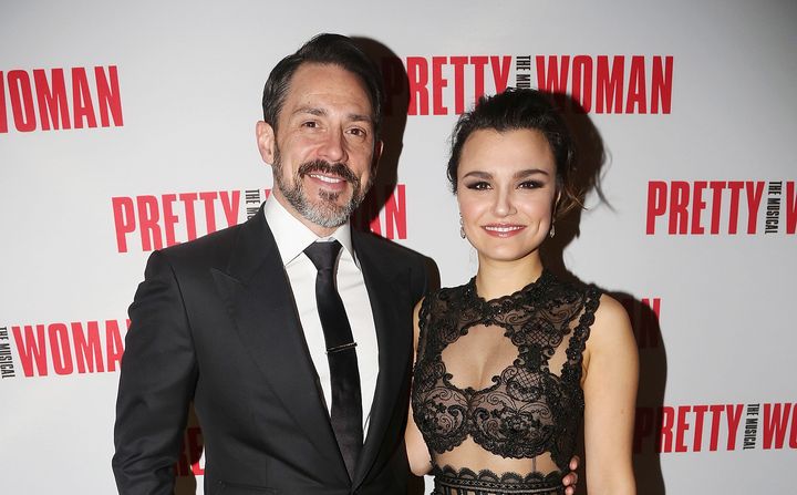 Steve Kazee and Samantha Barks pose at an opening night party for "Pretty Woman" at Macy's Walnut Room on March 28 in Chicago, Illinois. 