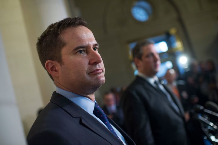 Rep. Seth Moulton (D-Mass.), left, appears with Rep. Tim Ryan (D-Ohio) after Ryan lost the race for Democratic leader to Pelosi after the 2016 election.