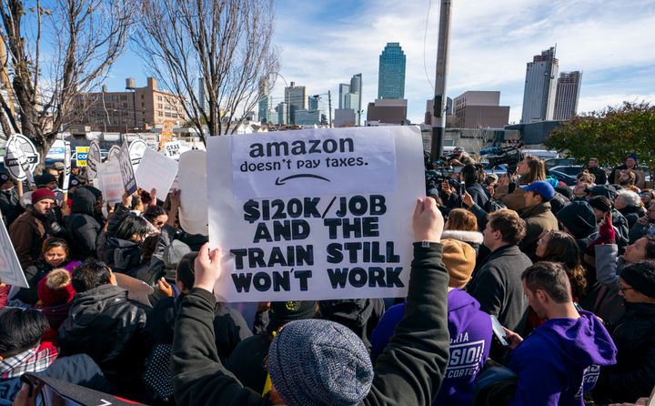 Protesters gather in Long Island City to say "No" to the Amazon HQ2 decision on Nov. 14, 2018, in Long Island City, New York.