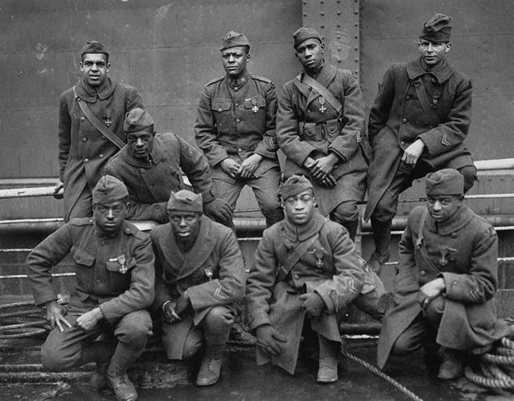 A group of soldiers pose from the 93rd Division’s 369th Infantry Regiment, which was nicknamed the ‘Harlem Hellfighters.’ US National Archives