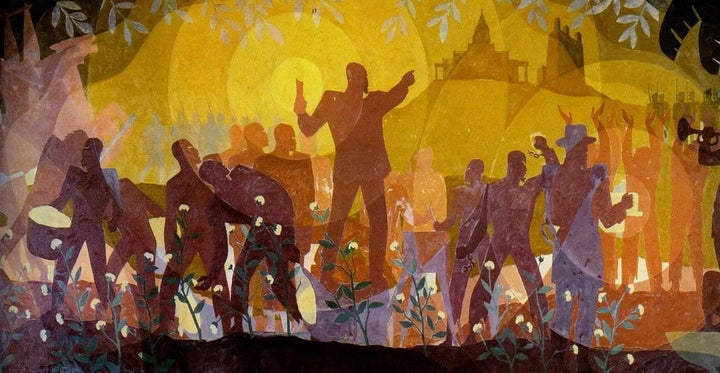 Aaron Douglas. "Aspects of Negro Life: From Slavery to Reconstruction." Oil on canvas, 1934. <a rel="nofollow" href
