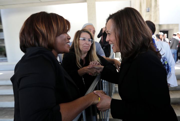 Sen. Kamala Harris (D-Calif.), right, greets supporters during a Miami campaign event for Andrew Gillum, the Democratic candidate for Florida governor, on Oct. 29.