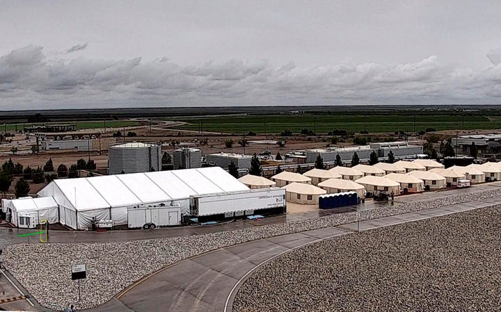 An undated file photo provided by the U.S. Department of Health and Human Services shows the shelter used to house unaccompanied migrant children in Tornillo, Texas. 