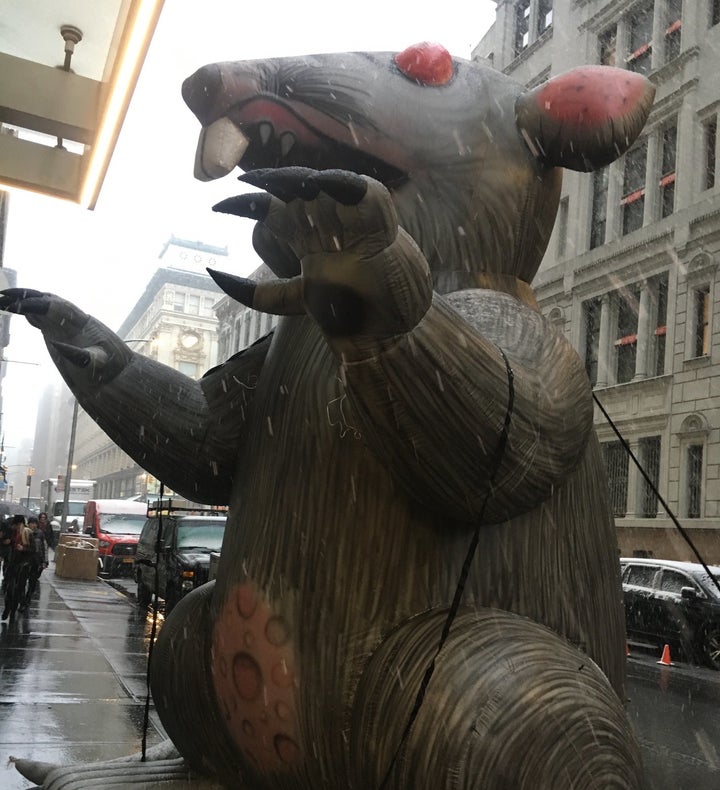 Scabby the Rat, which unions use to shame management during disputes, appeared Thursday outside the Law360 offices in Manhattan.