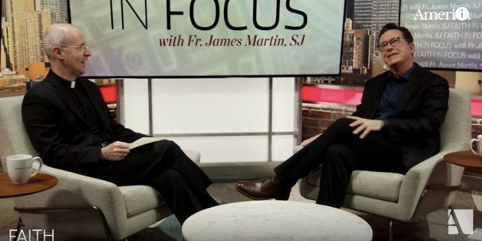 Stephen Colbert speaks with the Rev. James Martin on the Catholic program "Faith in Focus."