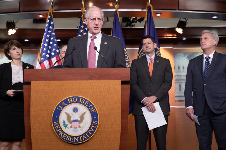 House Agriculture Committee Chairman Mike Conaway (R-Texas) — joined by Rep. Cathy McMorris Rodgers (R-Wash.), Speaker of the House Paul Ryan (R-Wis.) and Majority Leader Kevin McCarthy (R-Calif.) — announces a farm bill on Capitol Hill in May. The GOP hopes to get the legislation passed before Democrats gain control of the House in January. 