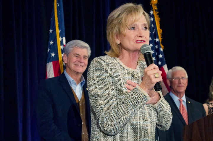 Sen. Cindy Hyde-Smith (R-Miss.) speaks to supporters during election night on Nov. 6, 2018. Hyde-Smith, who was appointed to the seat, will compete in a Nov. 27 runoff against Mike Espy, a Democrat.