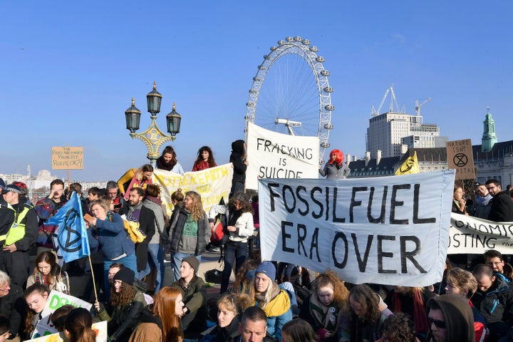 Protestors occupy Westminster Bridge on Saturday as part of an anti-climate change demo.