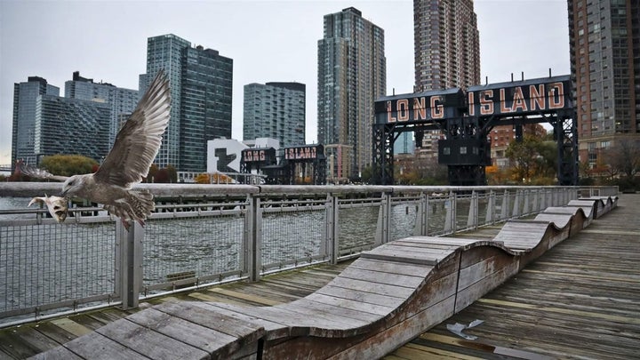 A sea gull flies off a former dock facility in the Long Island City section of Queens, New York, an “opportunity zone” that w