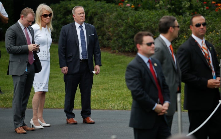 A June 2017 photo taken at the White House shows Cliff Sims, far left, then-director of White House message strategy, standin