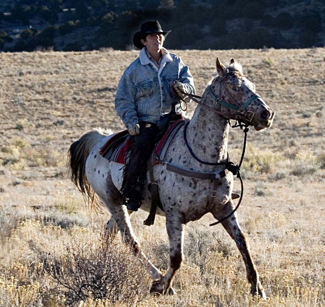 Phyllis rides Spike, an Arabian mare, on a ranch in southern Colorado in 2005.