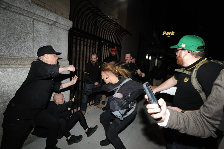 A gang of Proud Boys attacks a group of anti-fascist protesters in Manhattan in October.