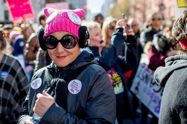 A protester wears a "pussy hat" during the 2018 Women's March in New York City in January. The prominence of the hats, which equate a place in the movement for gender equity with having a vagina, was alienating to many trans and nonbinary people.