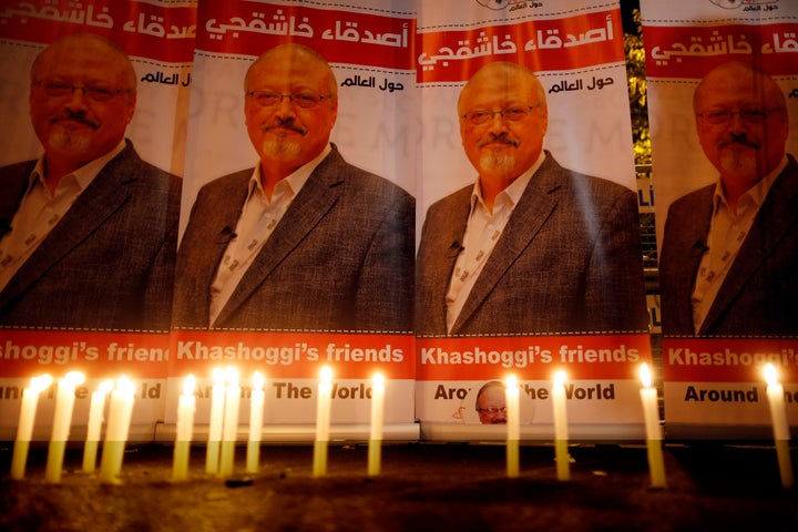 Candles, lit by activists protesting the killing of Saudi journalist Jamal Khashoggi, are placed outside Saudi Arabia's consulate in Istanbul during a candlelight vigil on Oct. 25, 2018.