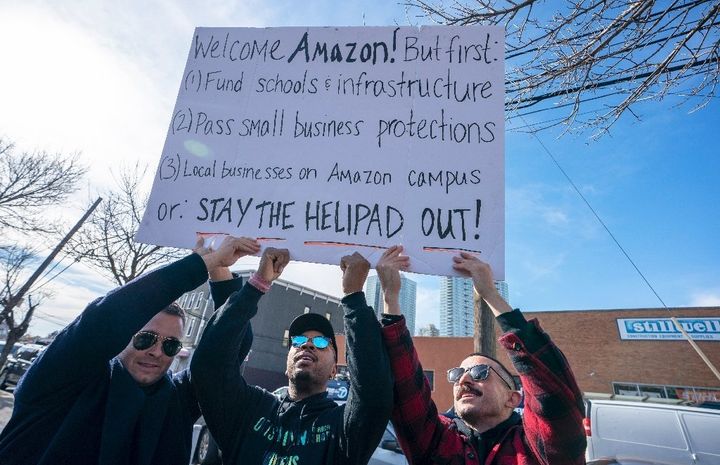 New Yorkers rallied against Amazon's plans to locate one of its two new headquarters in Queens, New York, which many fear will increase gentrification in the borough. 