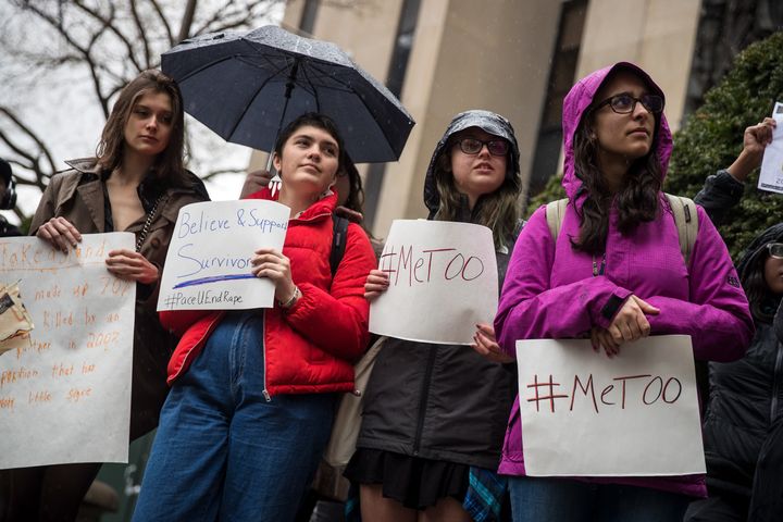 A small group of student activists from Pace University hold a rally against sexual violence after walking out of their classes on April 19, 2018 in New York City. (Photo by Drew Angerer/Getty Images)
