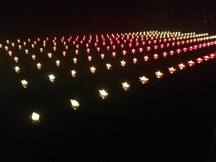 Origami lights float on the lake.