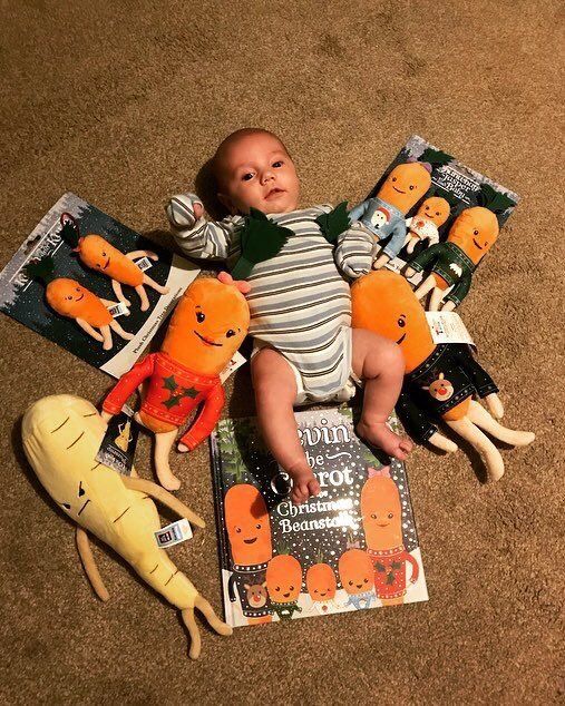 Noah with his Kevin the Carrot collectibles. 